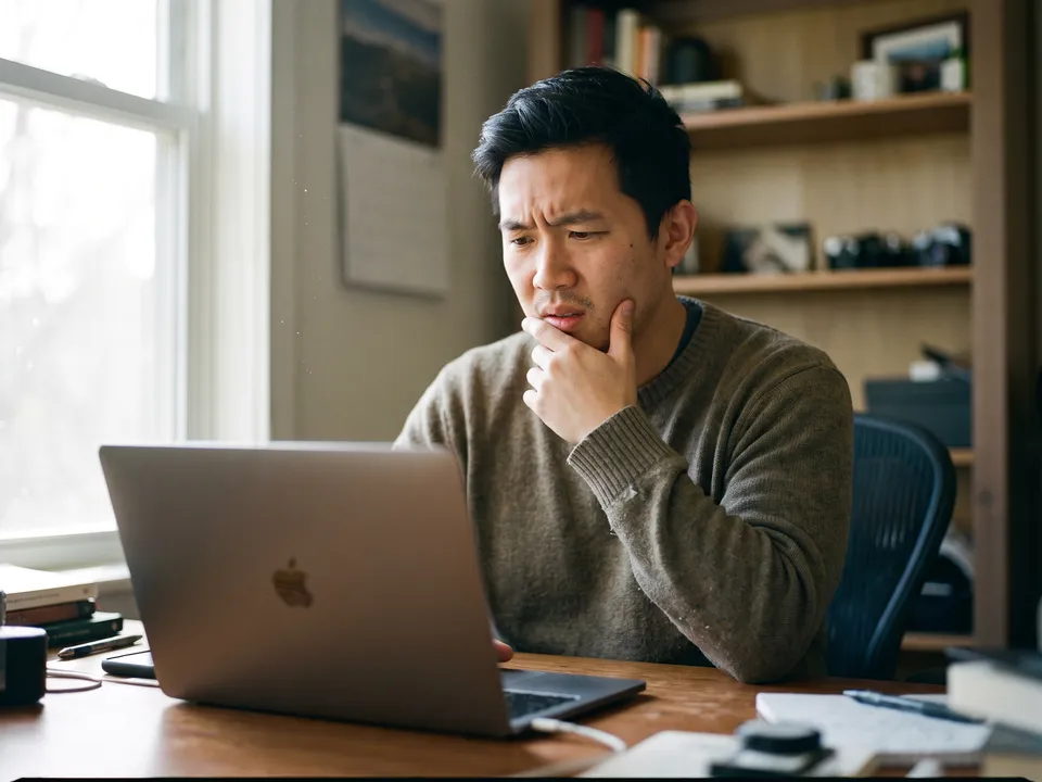 A man at a desk looking puzzled at his laptop